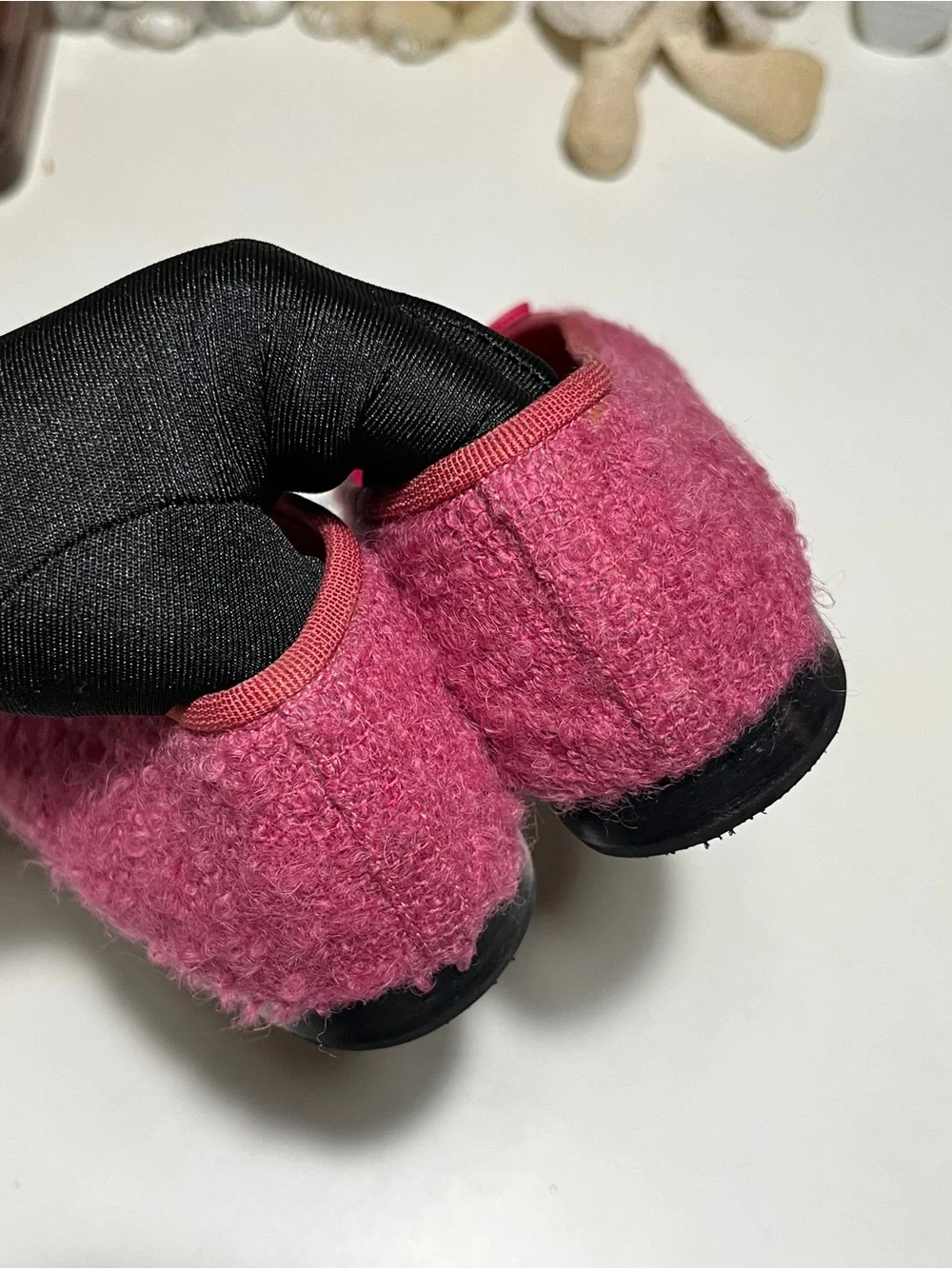 CHANEL Pink Bouclé Ballet Flats with Black Patent Cap Toe